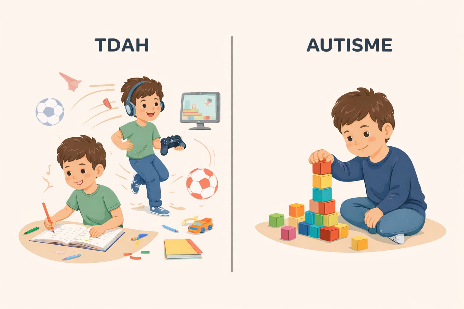 Schéma pédagogique montrant les différences entre TDAH et autisme chez un enfant