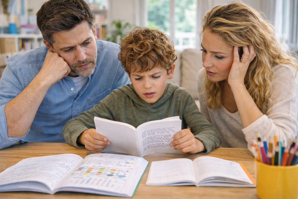 Enfant en difficulté de lecture accompagné par ses parents dans un contexte dyslexie enfant