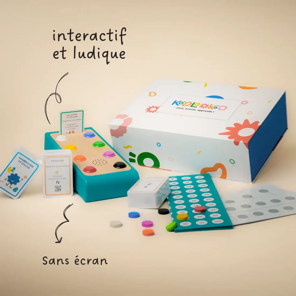 jeu éducatif dys interactif avec cartes pédagogiques et boutons colorés pour apprentissage sans écran