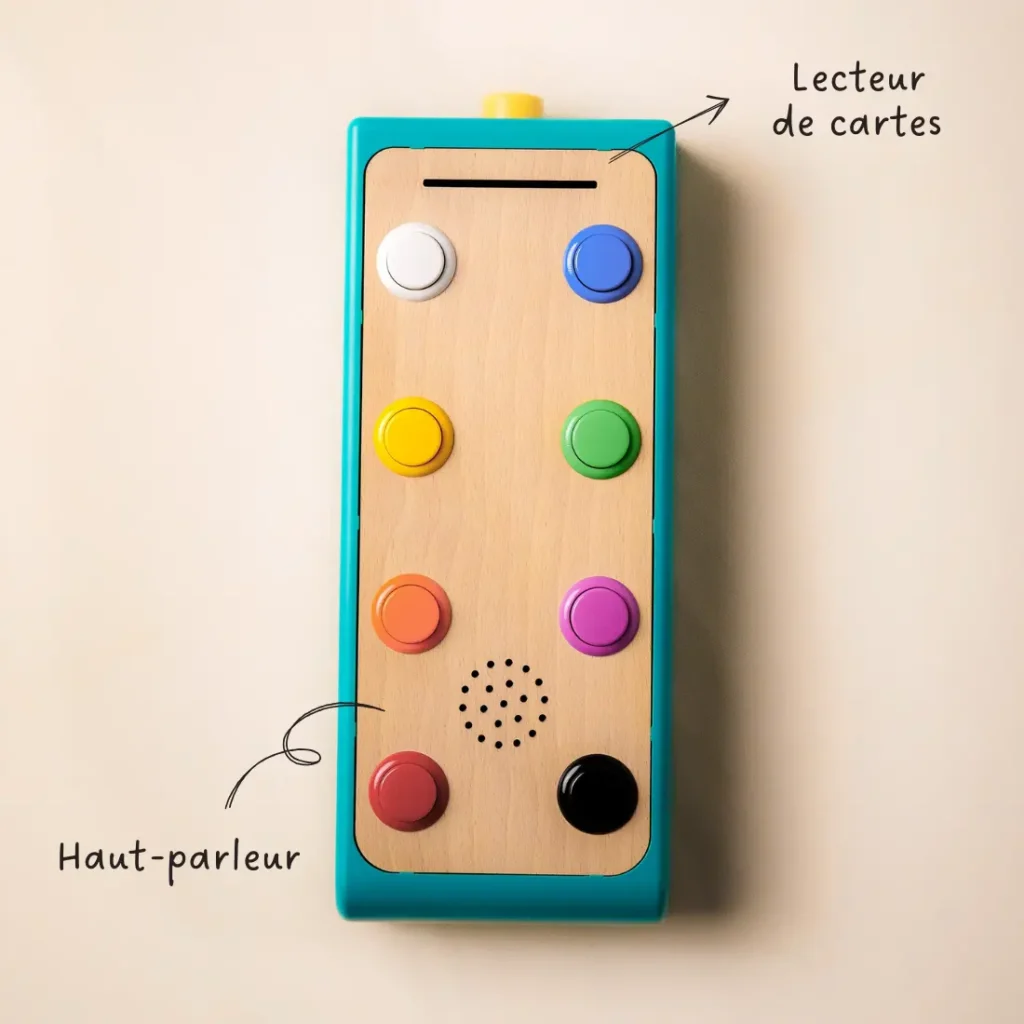 Jeu éducatif dys avec station interactive à boutons colorés, lecteur de cartes et haut-parleur