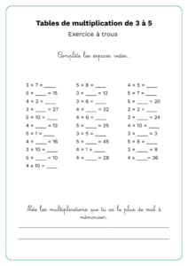 fiche exercice pour réviser les tables de 3 à 5