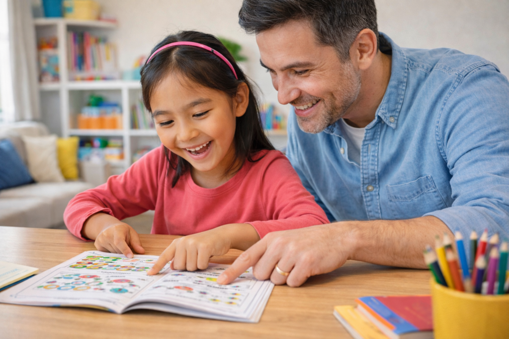 Parent encourageant sa fille pendant un exercice scolaire pour motiver mon enfant à apprendre