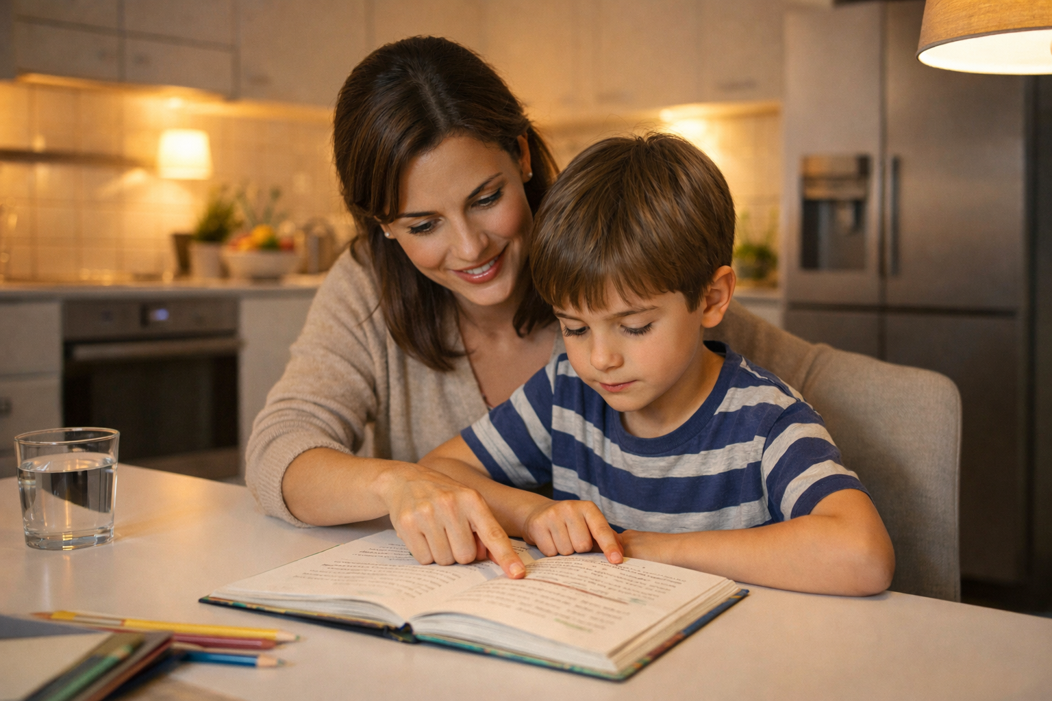 Mère aidant son enfant dyslexique à lire un livre à la maison, exemple concret dyslexie comment aider au quotidien