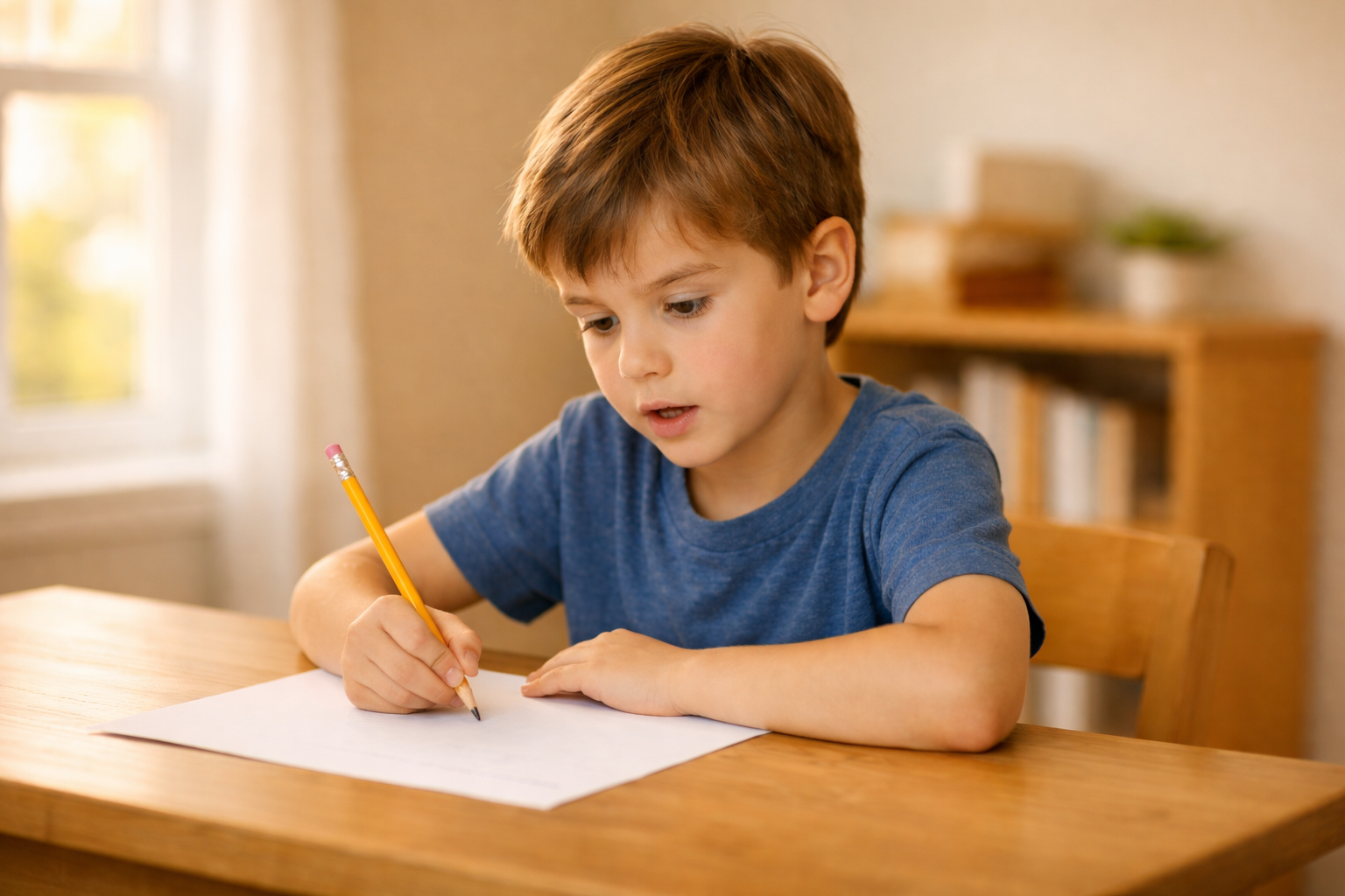 Enfant concentré écrivant au crayon sur une feuille blanche, scène illustrant un signe dyslexie chez l’enfant