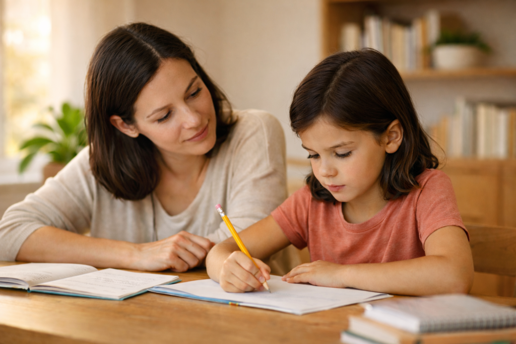 Mère aidant sa fille à écrire dans un cahier au crayon, scène pouvant illustrer un signe dyslexie
