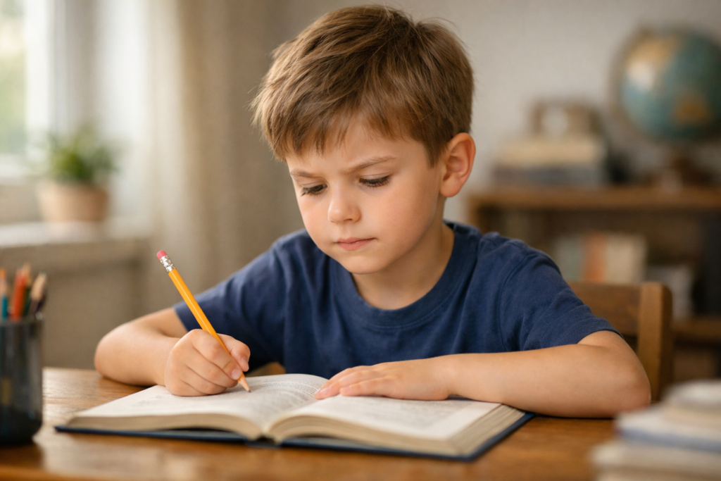 Garçon concentré écrivant au crayon dans un livre ouvert pendant un exercice de lecture dyslexie