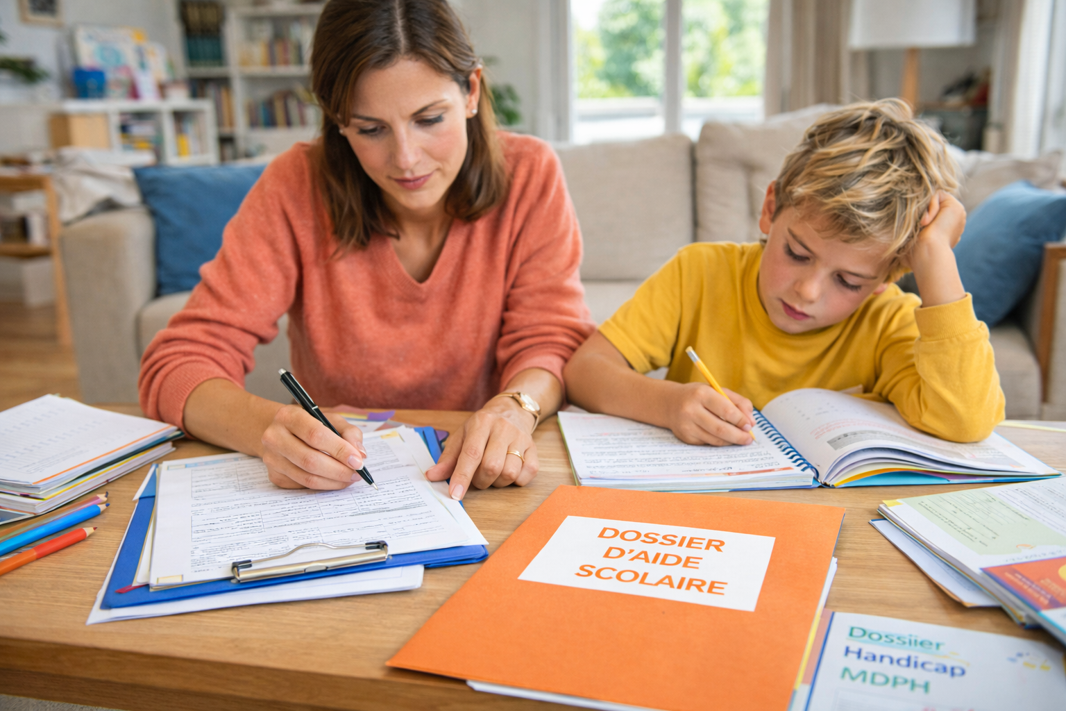 Parent complétant un dossier administratif pour obtenir une aide CAF dyslexie pour son enfant