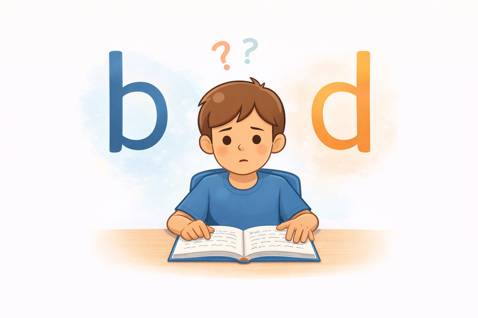 Illustration d’un enfant confondant les lettres b et d en lecture, confusion b et d dyslexie
