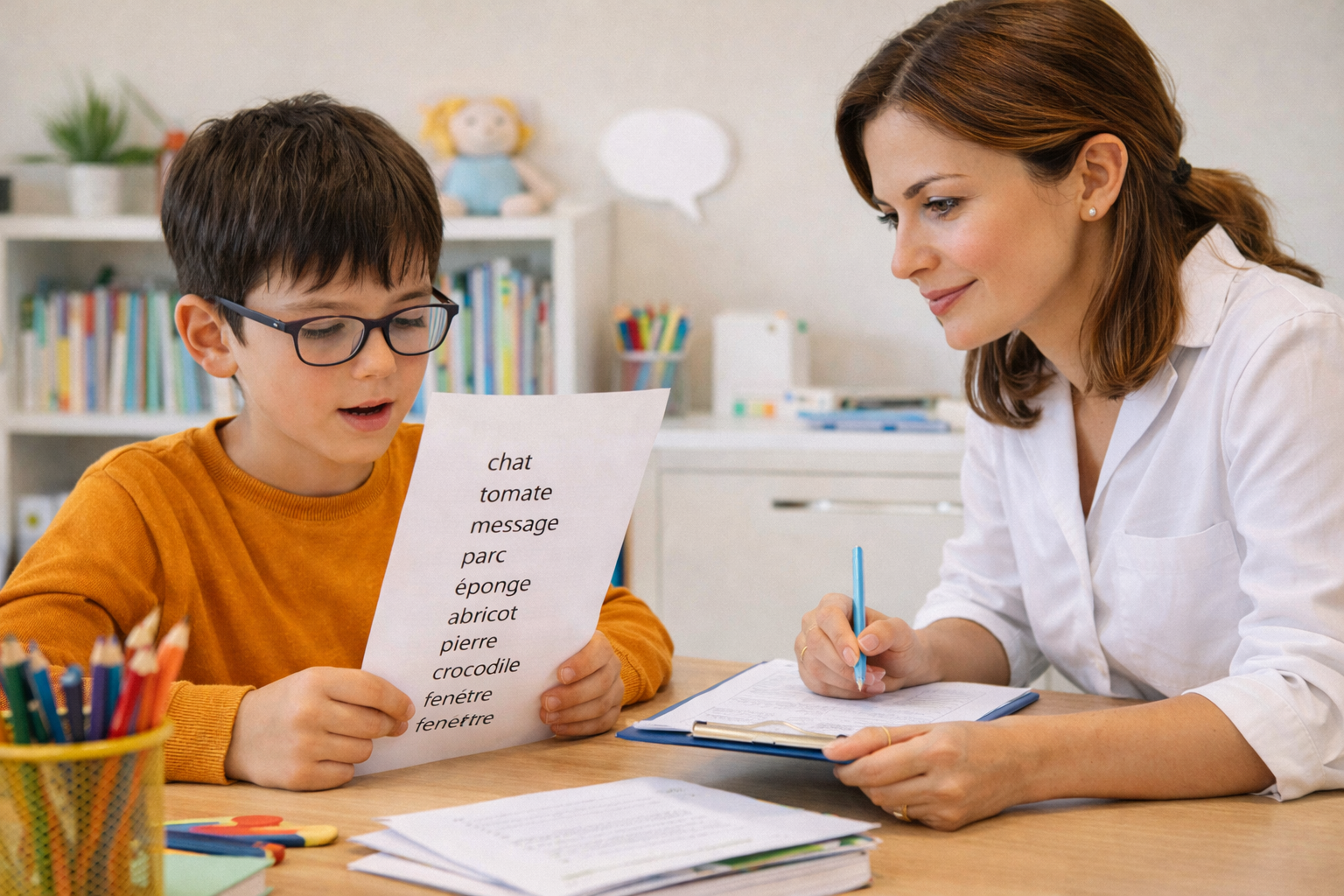 Évaluation de lecture d’un enfant avec une liste de mots lors d’un diagnostic dyslexie