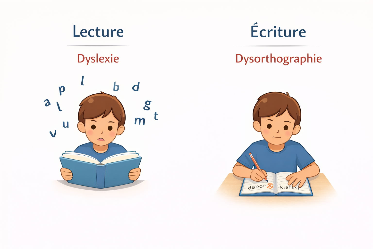 Comparaison visuelle entre dyslexie en lecture et dysorthographie en écriture chez l’enfant