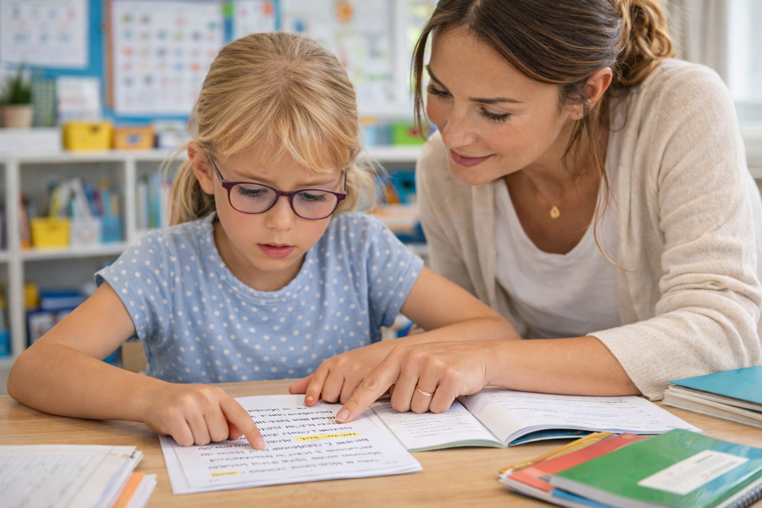 Enseignante aidant une élève dyslexique à lire un texte en classe dans le contexte dyslexie handicap