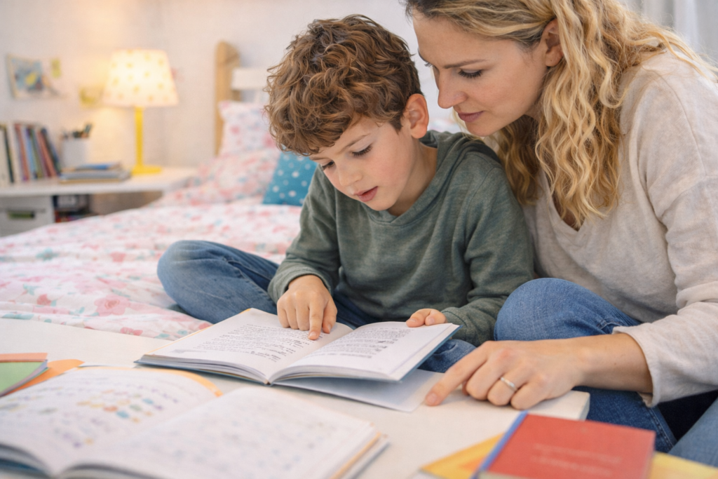 Mère accompagnant son enfant pendant la lecture d’un livre, scène d’aide face à la dyslexie