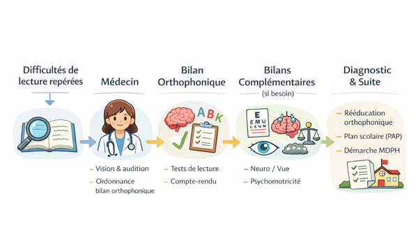 Infographie expliquant le parcours du diagnostic dyslexie avec bilans médicaux et orthophoniques