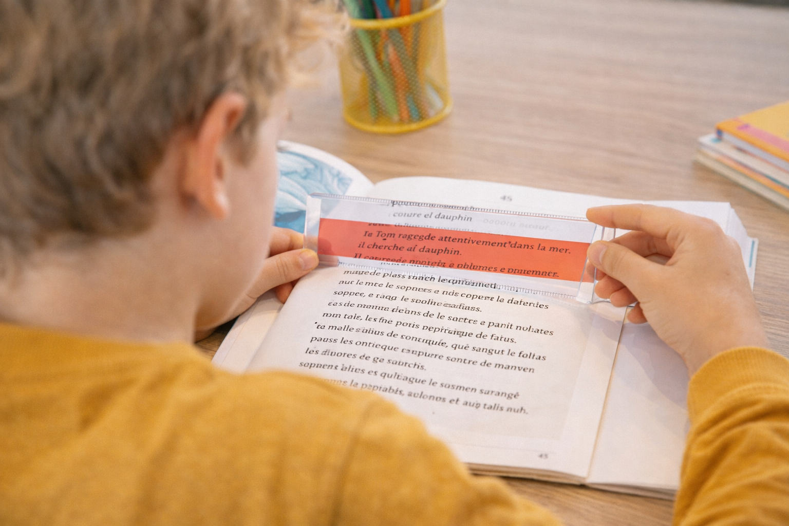 Utilisation d’une règle de lecture dyslexie pour aider un enfant à suivre les lignes d’un texte