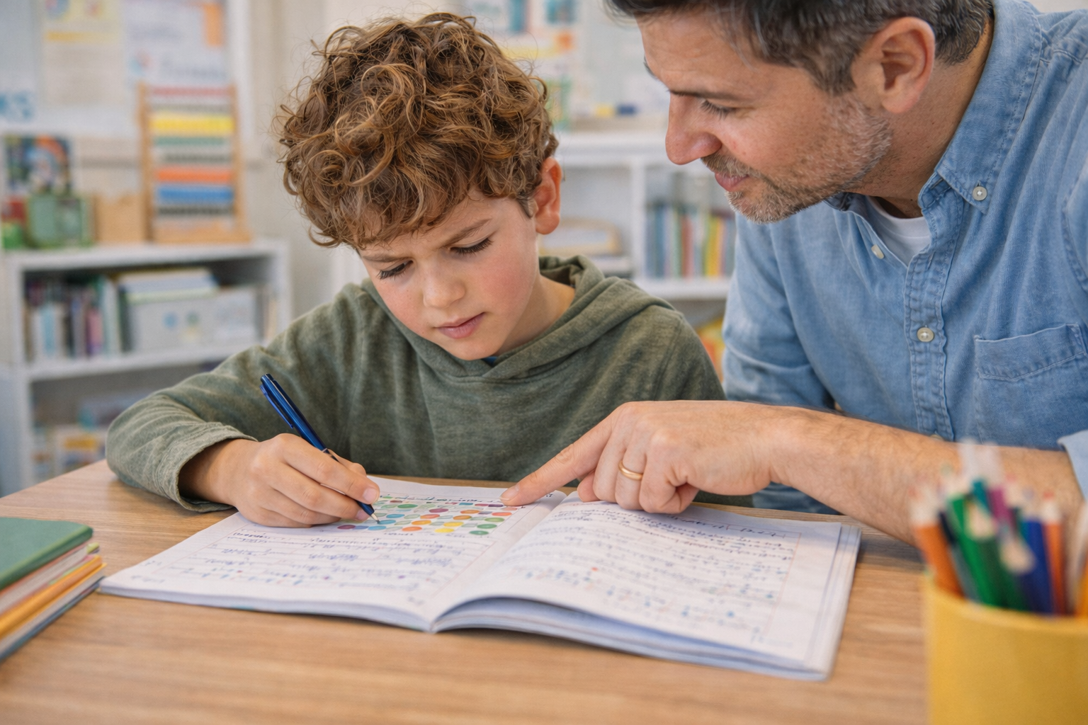 Enfant réalisant un exercice scolaire avec l’aide de son père face aux troubles des apprentissages