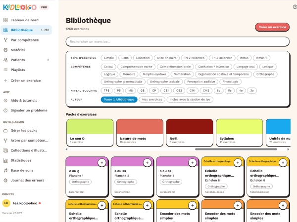Capture d'écran de l'interface d'administration Koolookoo montrant la page « Bibliothèque » avec 1268 exercices, des filtres par type d'exercice, compétence et niveau scolaire, et une sélection de packs d'exercices (Le son O, Nature de mots, Noël, Syllabes, Unités de nu...).